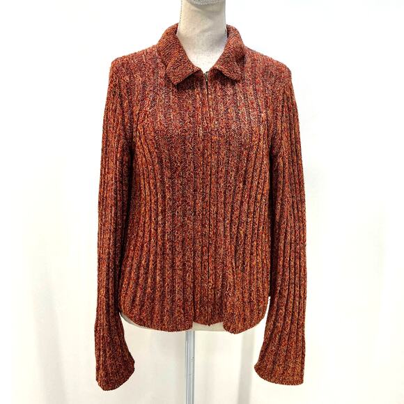 White + Warren Ribbed Knit Long Sleeve Zip Front Cardigan Marled Orange - Picture 1 of 7